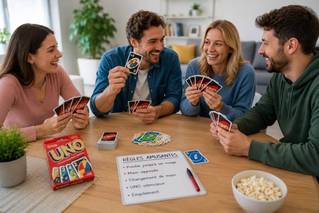 adultes jouant au Uno avec des règles amusantes
