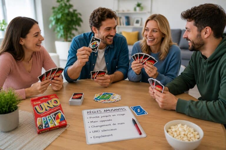 adultes jouant au Uno avec des règles amusantes