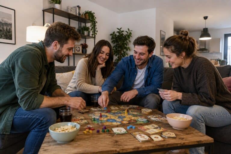 groupe d'amis souriants jouant à un jeu de société