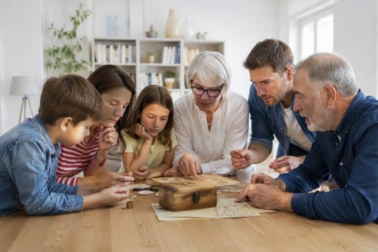 Famille réunie autour d’une énigme d'escape game