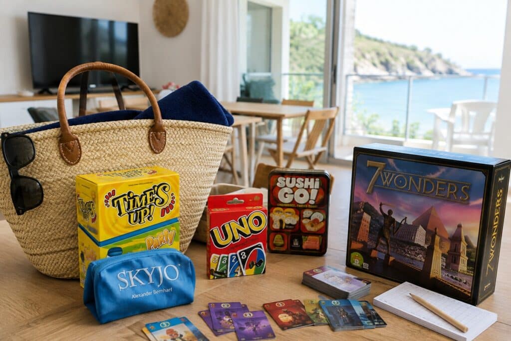 Jeux de société dans un logement face à la mer