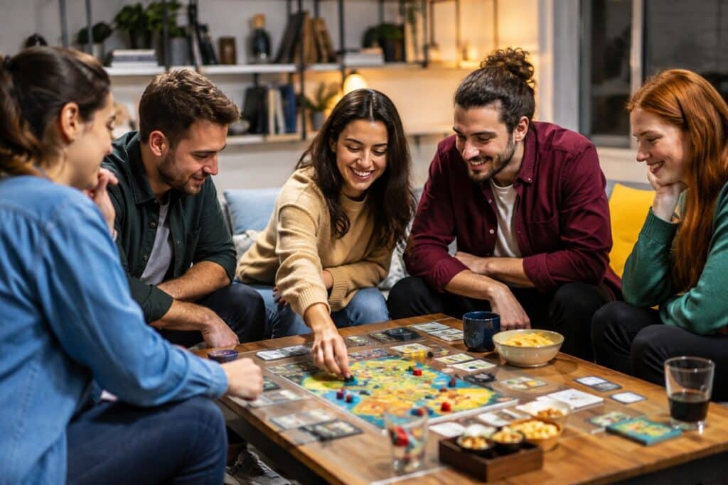Des amis réunis autour d’un jeu de société lors d’une soirée conviviale et détendue