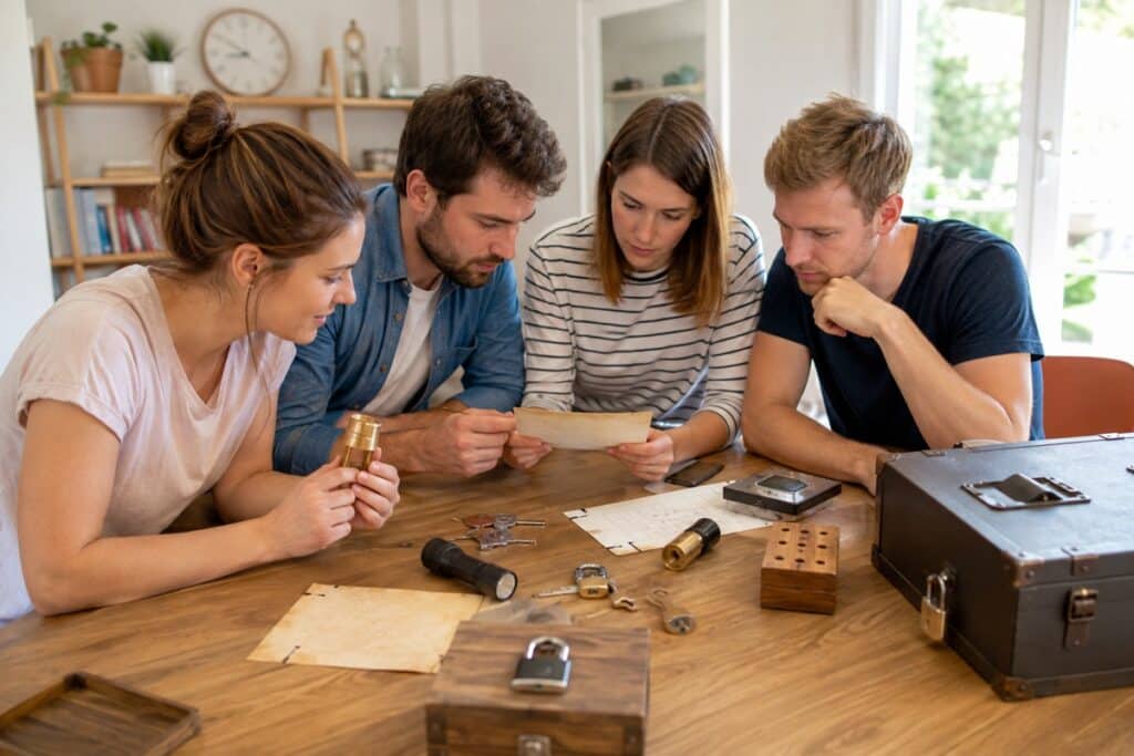 Équipe en pleine aventure d’escape game