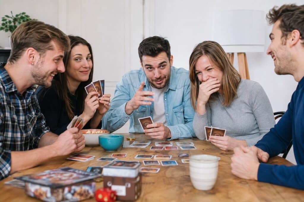 Groupe d’amis jouant à un jeu de société autour d’une table