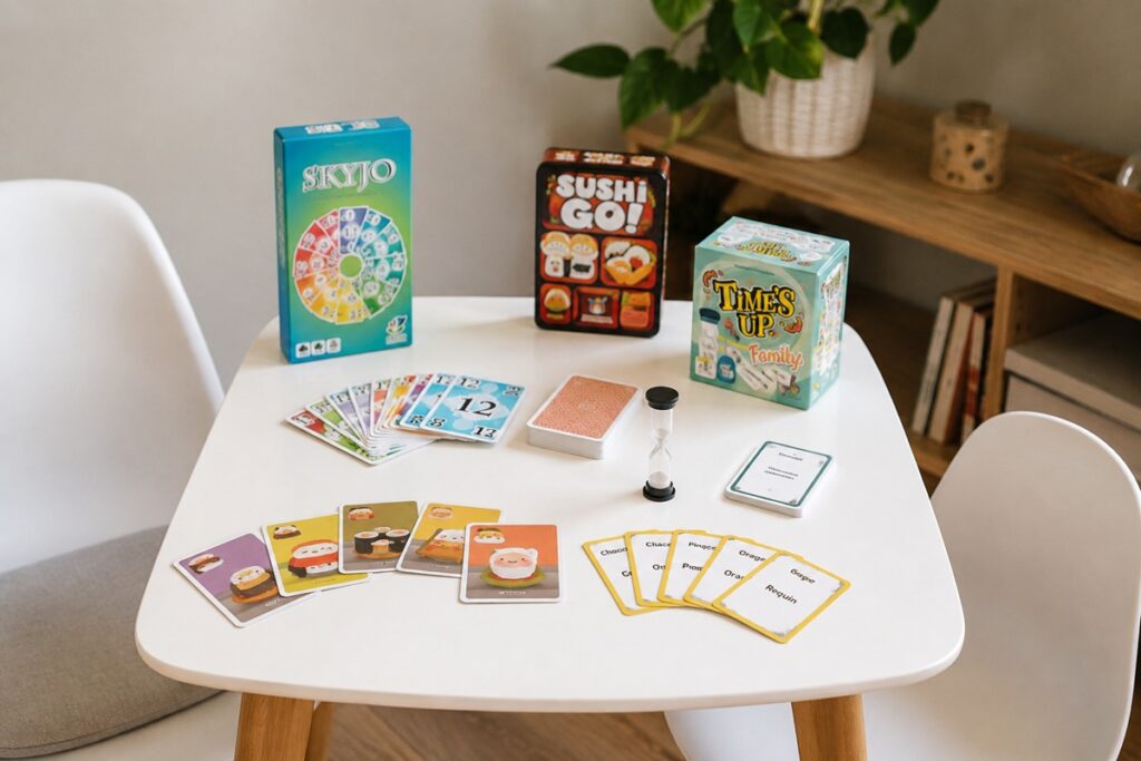 Jeux de société sur une petite table blanche