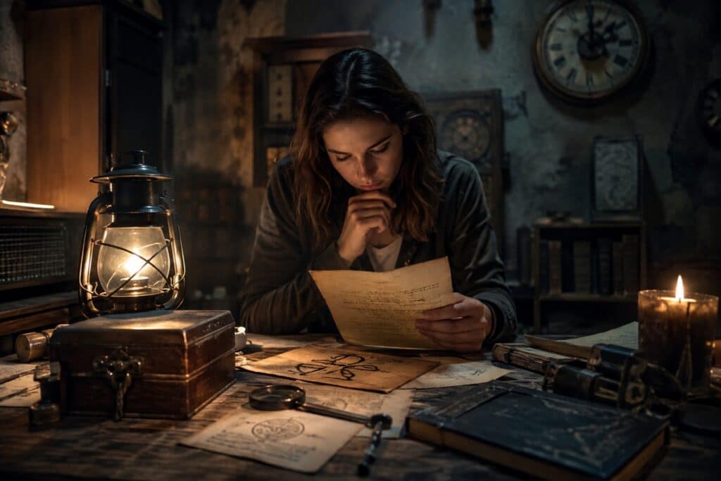 Une joueuse plongée dans la lecture de l'introduction d'un escape game