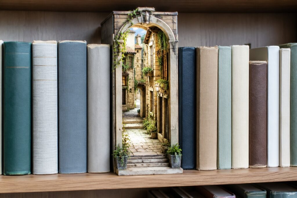 book nook entre des livres sur une étagère