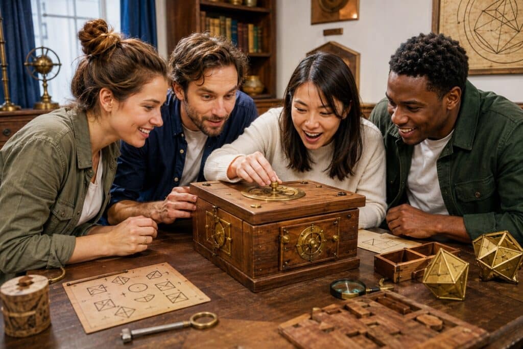 groupe d'amis résolvant une énigme dans un escape game